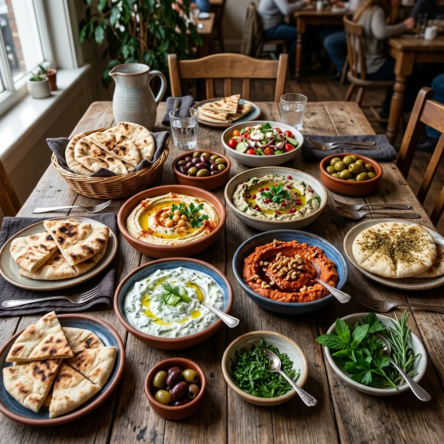 Mediterranean dips, pita, olives, and fresh vegetables on a table