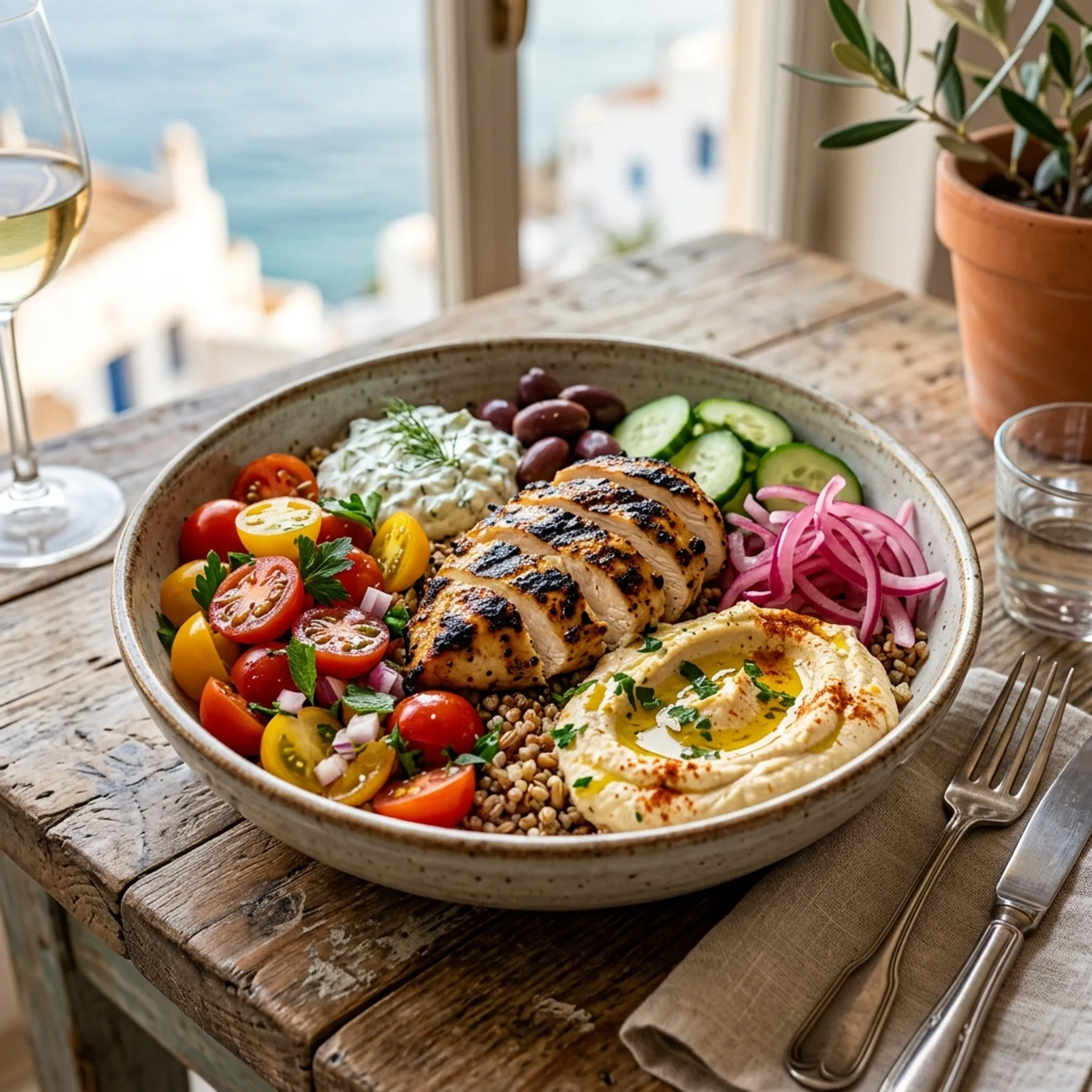 Fresh Mediterranean bowl with greens, tomatoes, chickpeas, and vibrant toppings